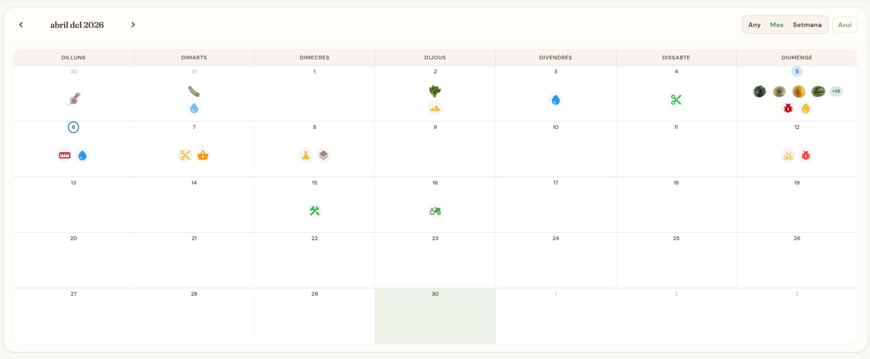 Calendari de jardí amb tasques i esdeveniments de collita