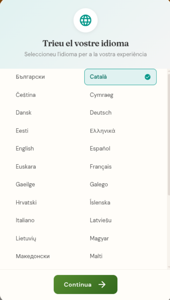 Selecció d'idioma amb 34 idiomes
