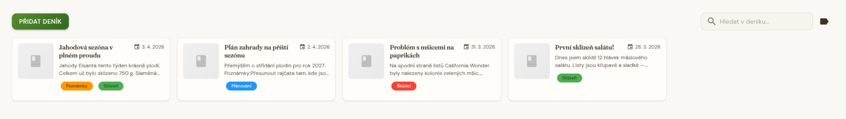 Zahradní deník se záznamy a štítky