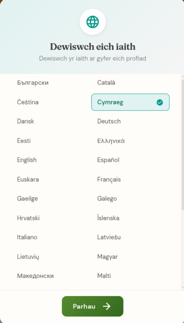 Dewis iaith gyda 34 o ieithoedd