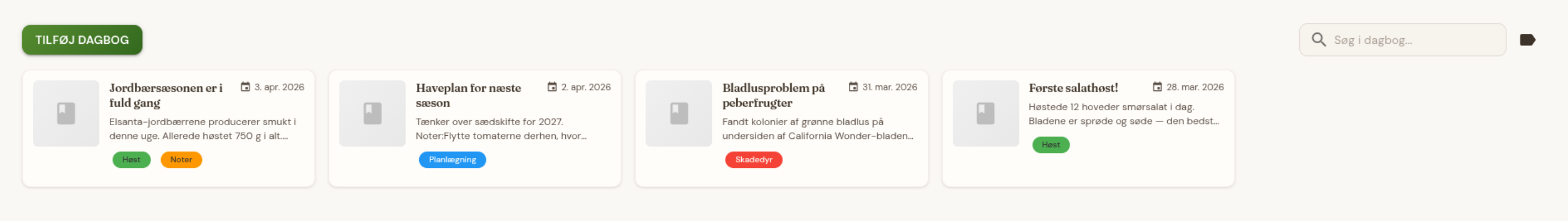 Havedagbog med indlæg og tags