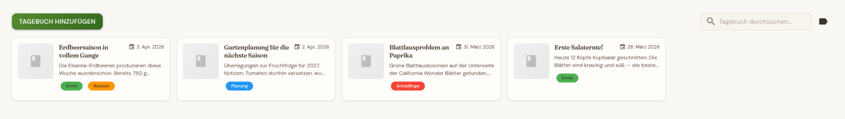 Gartentagebuch mit Einträgen und Tags