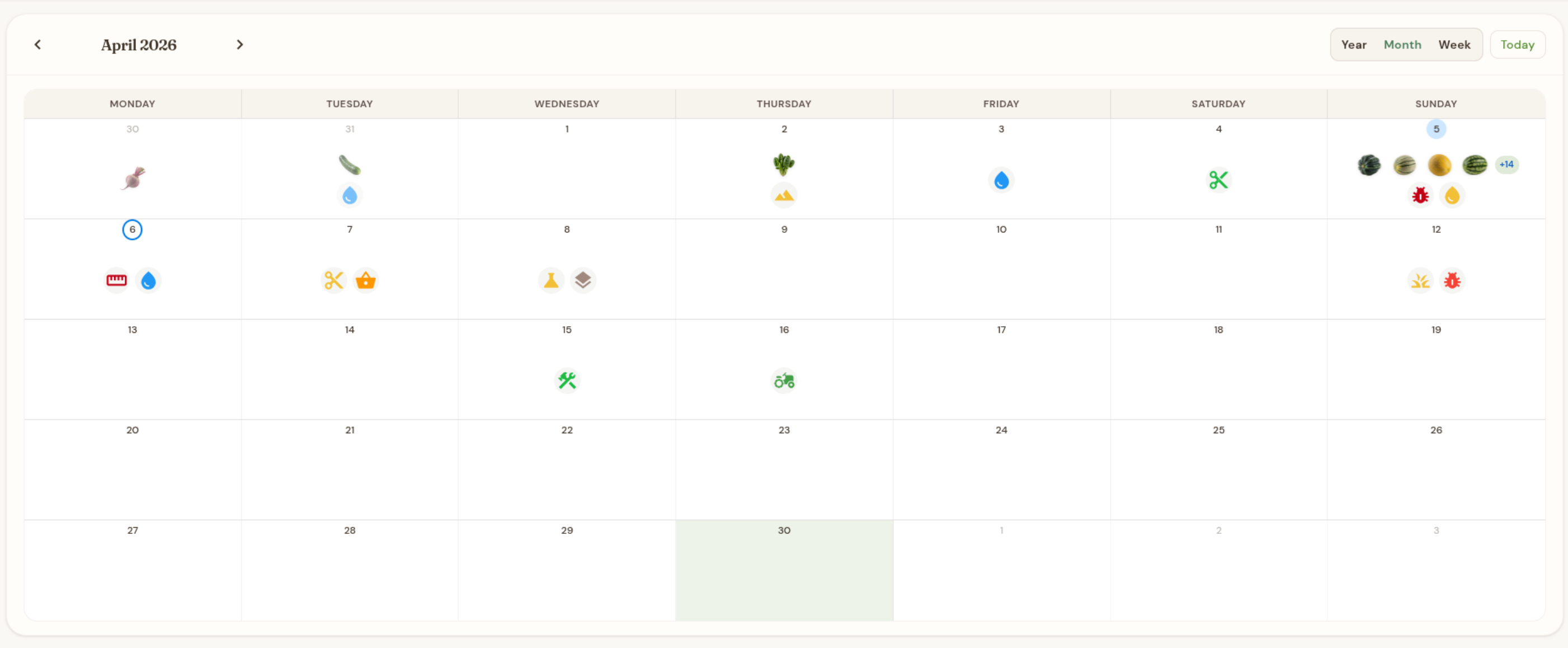 Garden calendar with task and harvest events