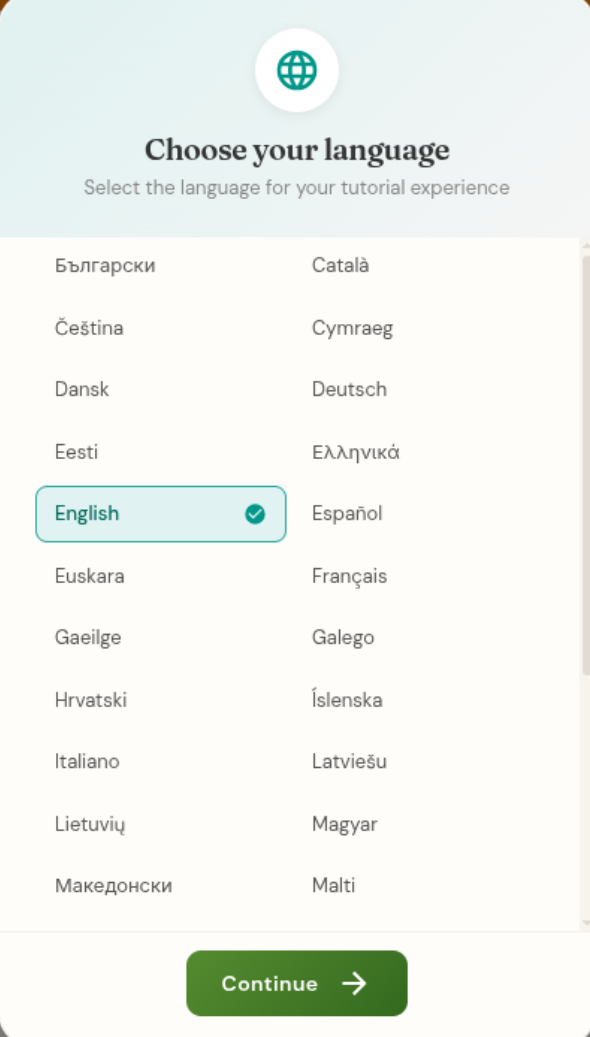 Language selection with 34 languages