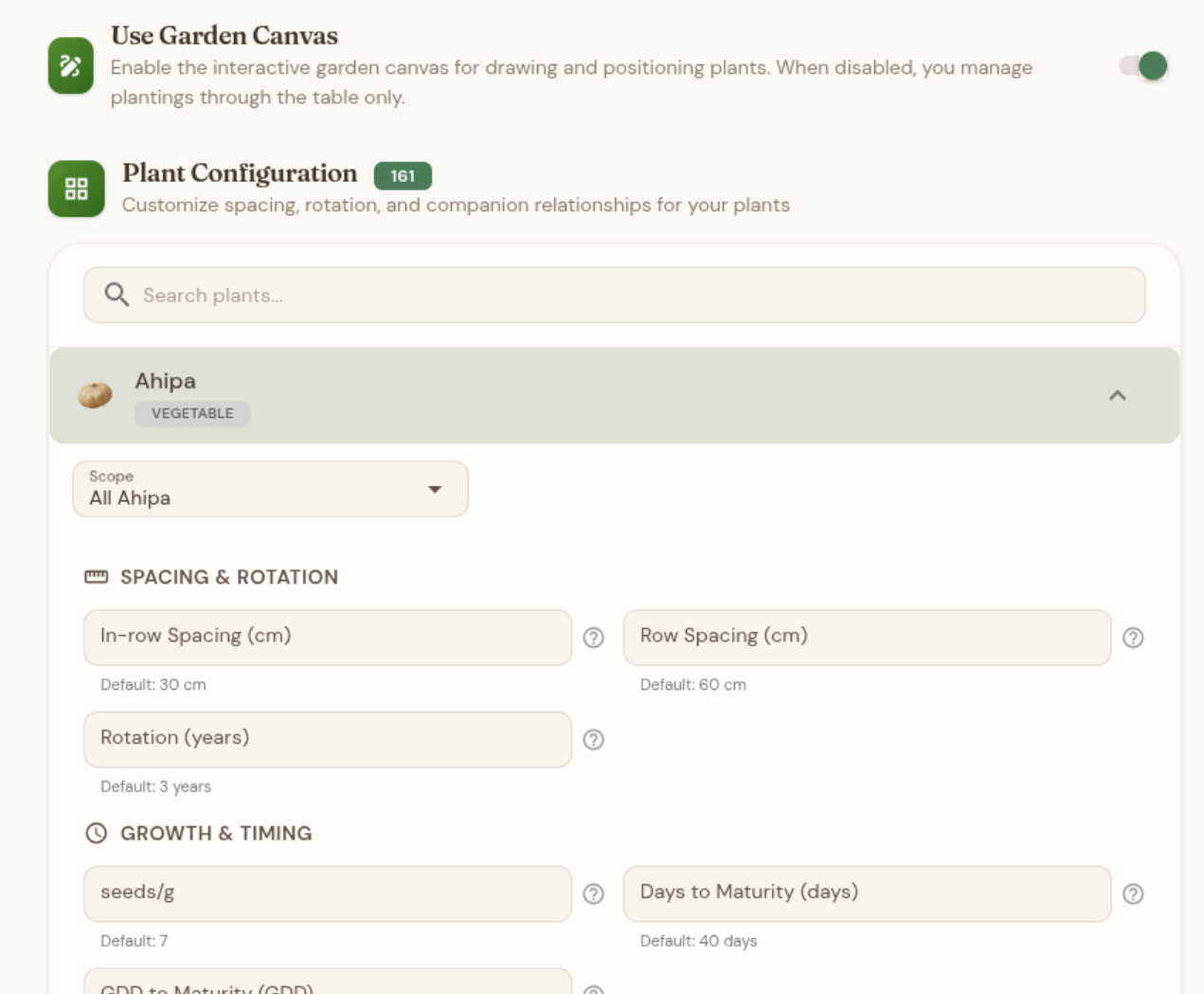 Plant variety customization with spacing and neighbors