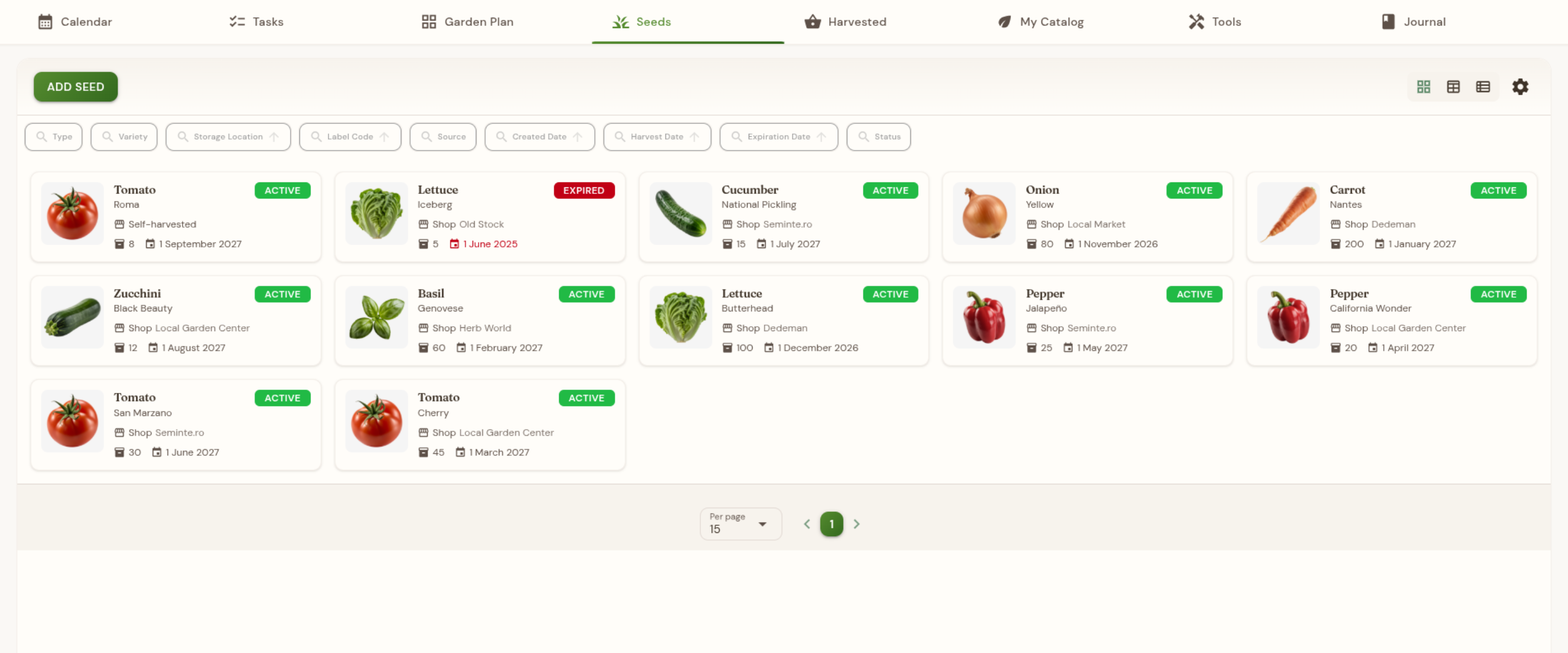 Seed inventory with photos and details