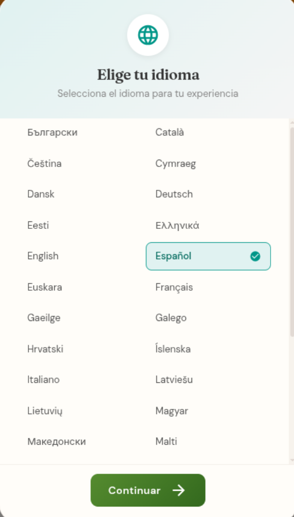 Selección de idioma con 34 idiomas