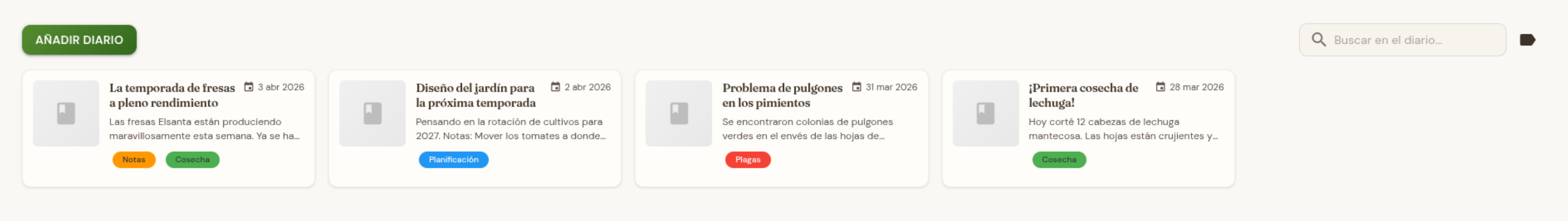 Diario de jardín con entradas y etiquetas