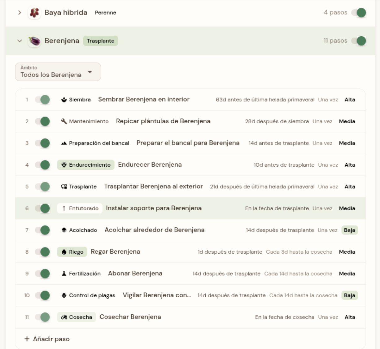Plantillas de tareas de cultivo personalizables