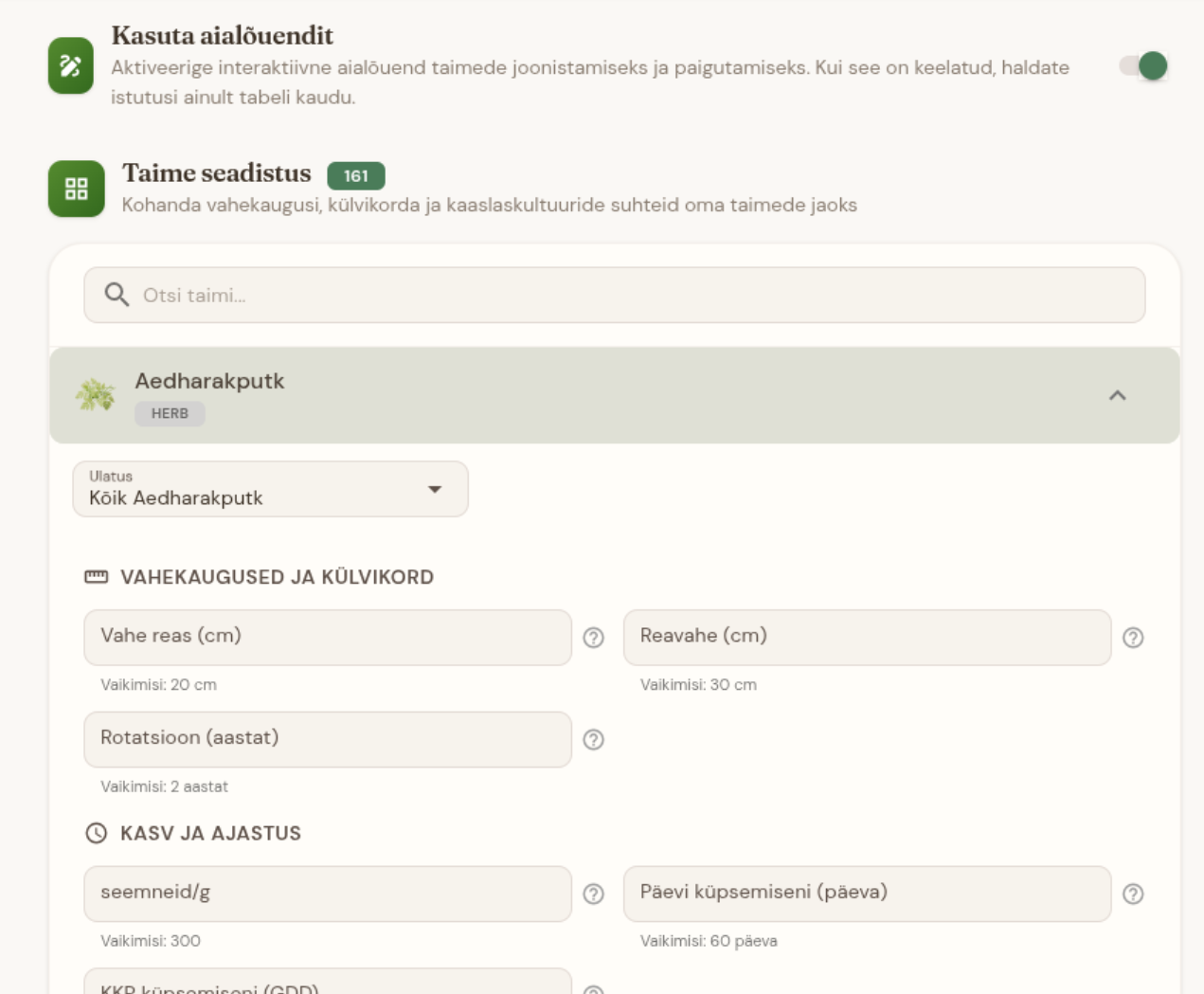Sordi kohandamine vahekauguste ja naabertaimedega