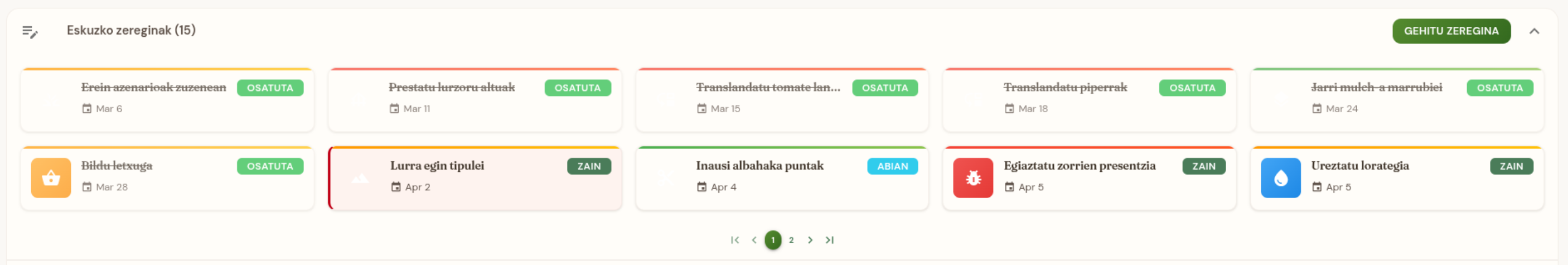 Eskuzko zereginen txartelak data finkoekin
