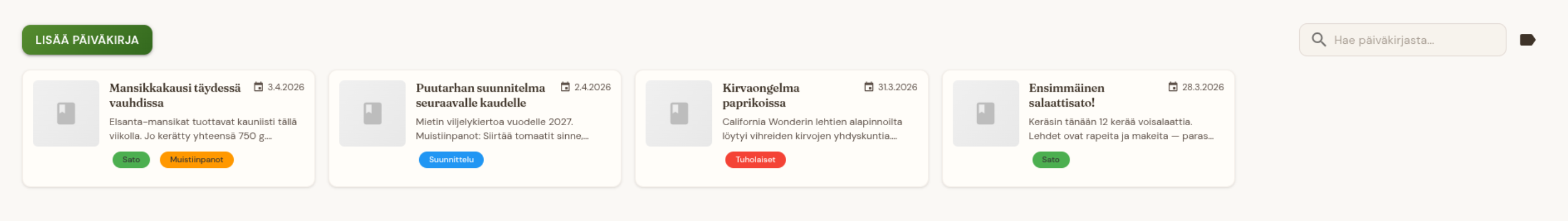 Puutarhapäiväkirja merkinnöillä ja tunnisteilla