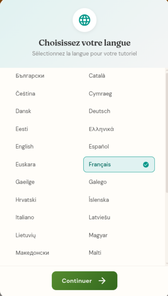 Sélection de langue avec 34 langues