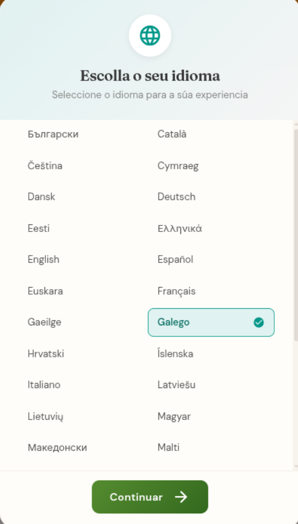 Selección de idioma con 34 idiomas