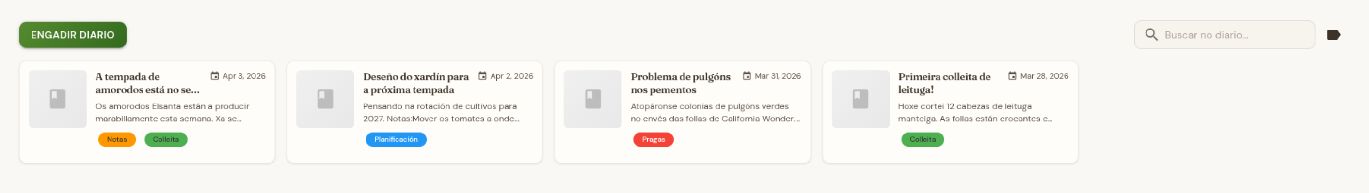 Diario de xardín con entradas e etiquetas
