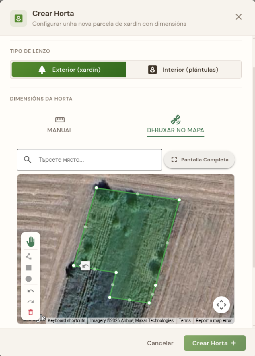 Debuxa o teu xardín sobre un mapa de satélite