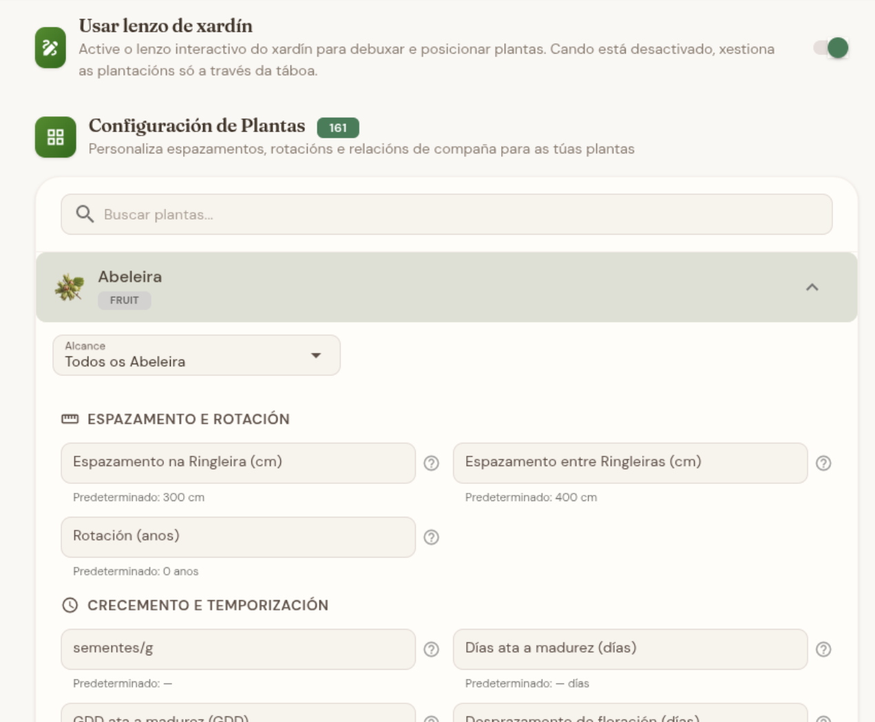 Personalización de variedades con espazamento e veciños