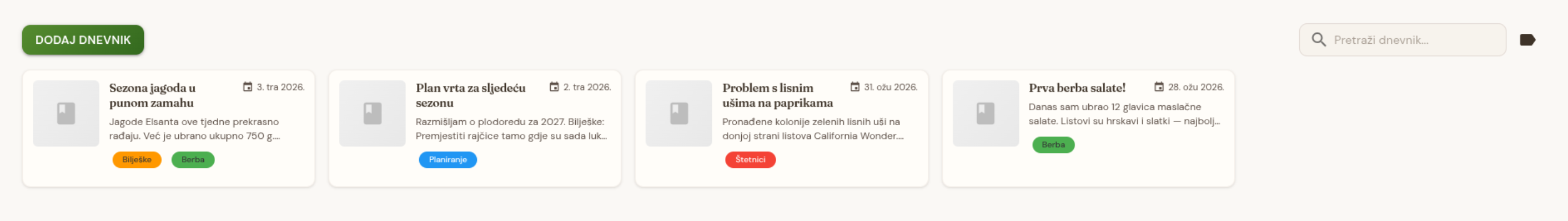 Vrtni dnevnik s unosima i oznakama