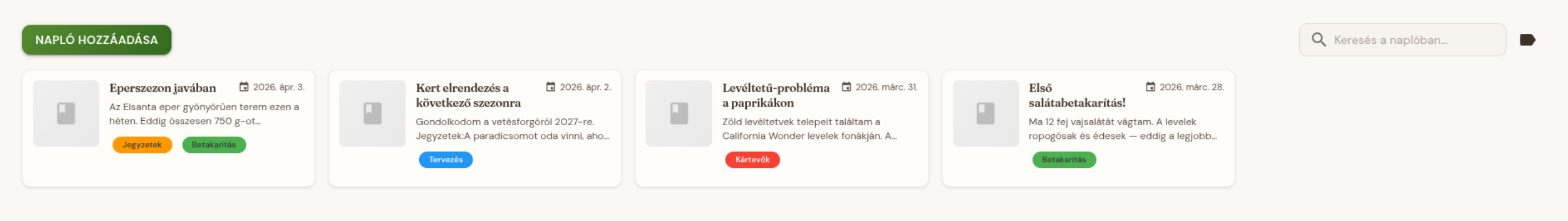 Kerti napló bejegyzésekkel és címkékkel