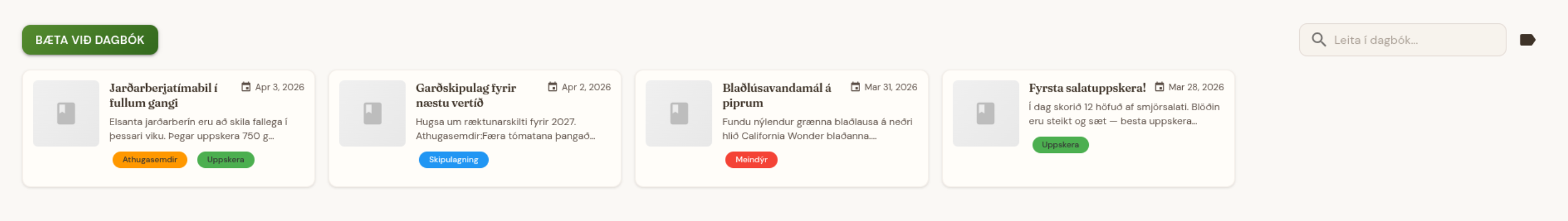 Garðdagbók með færslum og merkjum