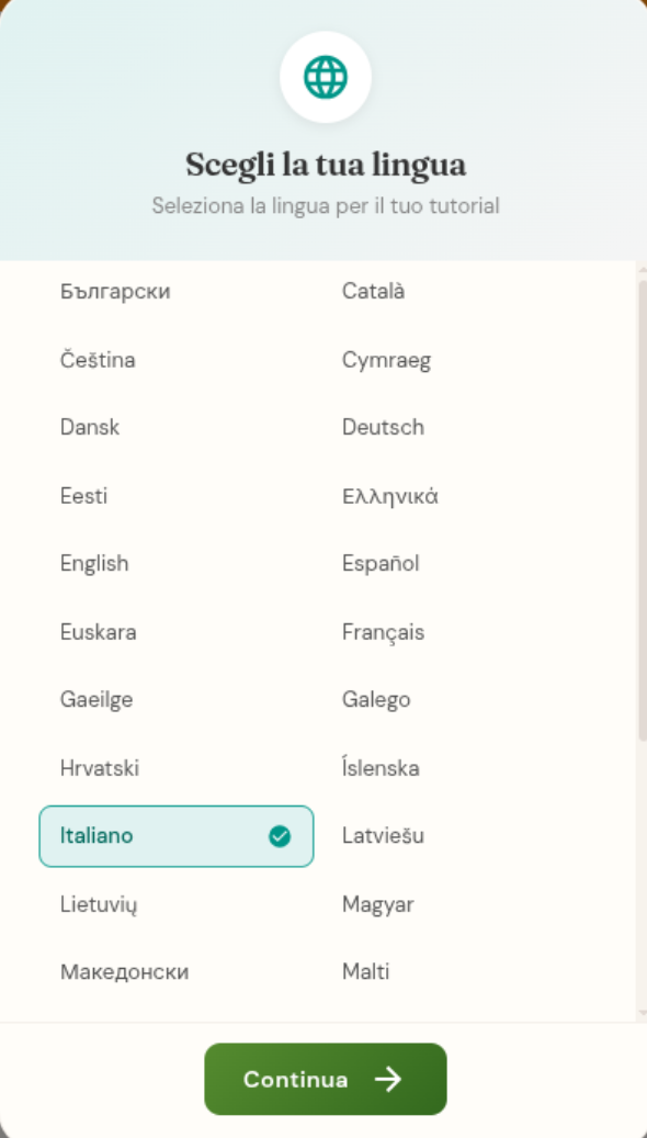Selezione lingua con 34 lingue