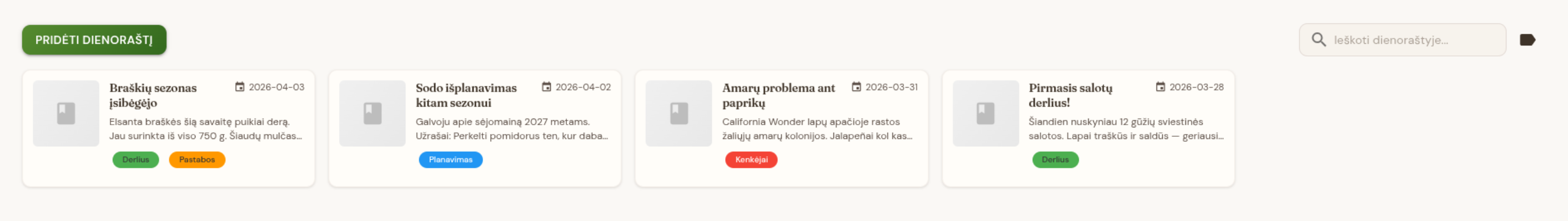 Sodo dienoraštis su įrašais ir žymomis
