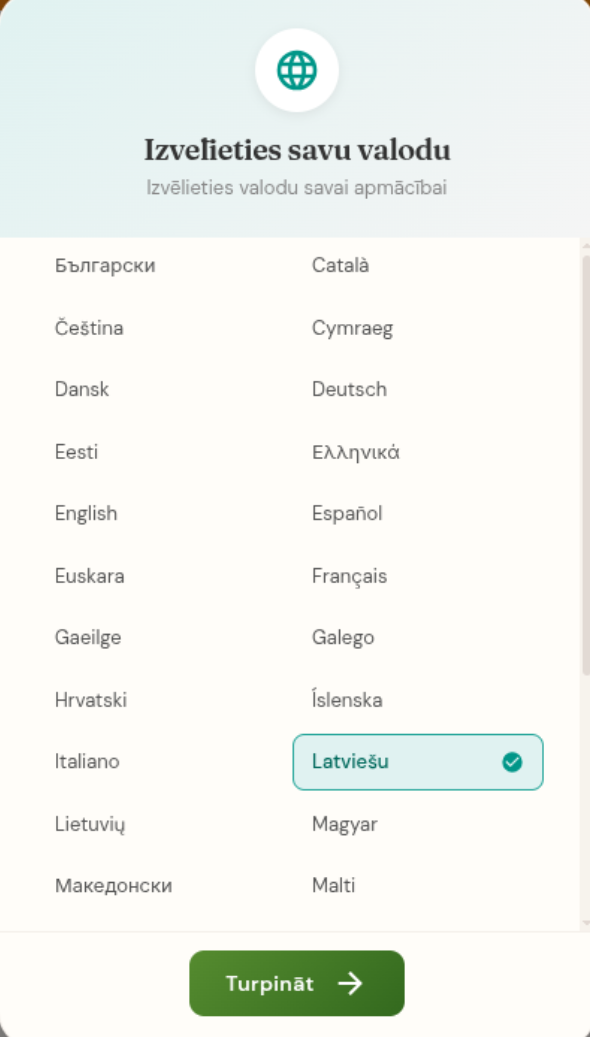 Valodas izvēle ar 34 valodām
