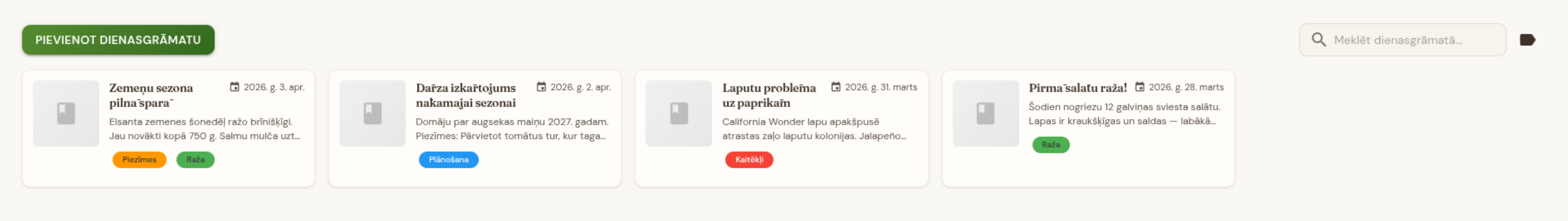 Dārza dienasgrāmata ar ierakstiem un birķiem