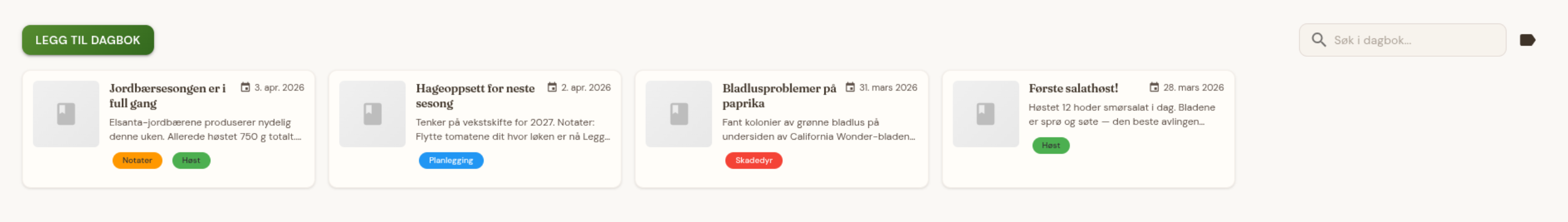 Hagedagbok med innlegg og merkelapper