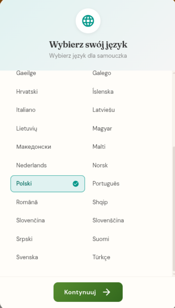 Wybór języka z 34 językami
