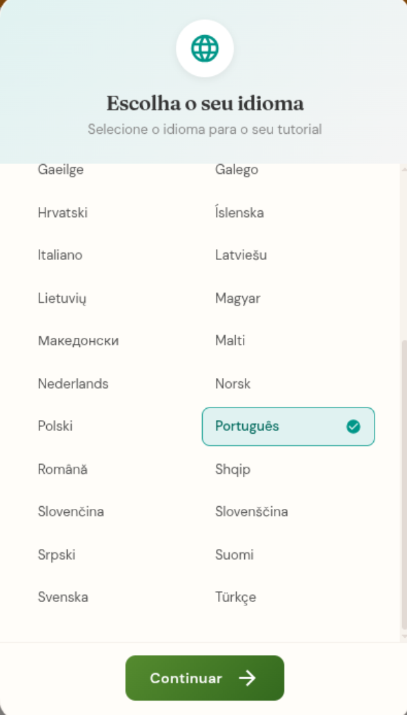 Seleção de idioma com 34 idiomas