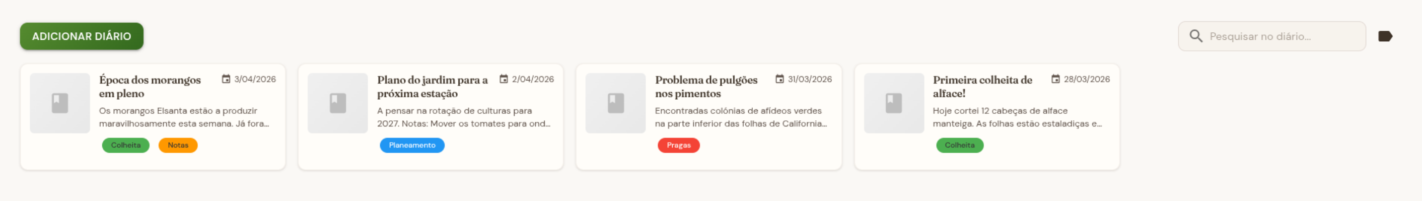 Diário de jardim com entradas e etiquetas
