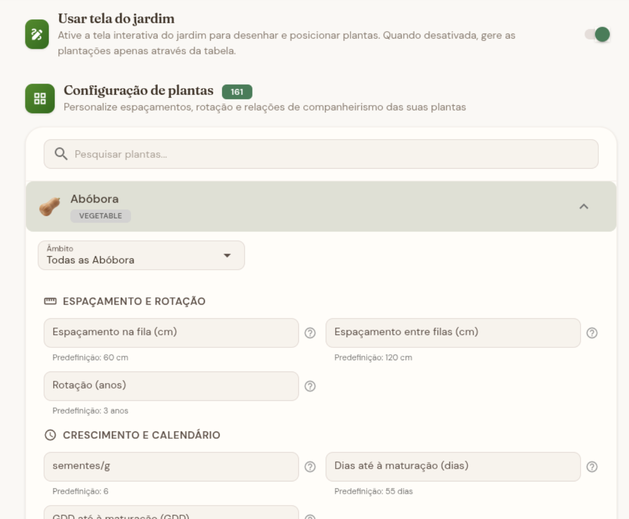 Personalização de variedades com espaçamento e vizinhos