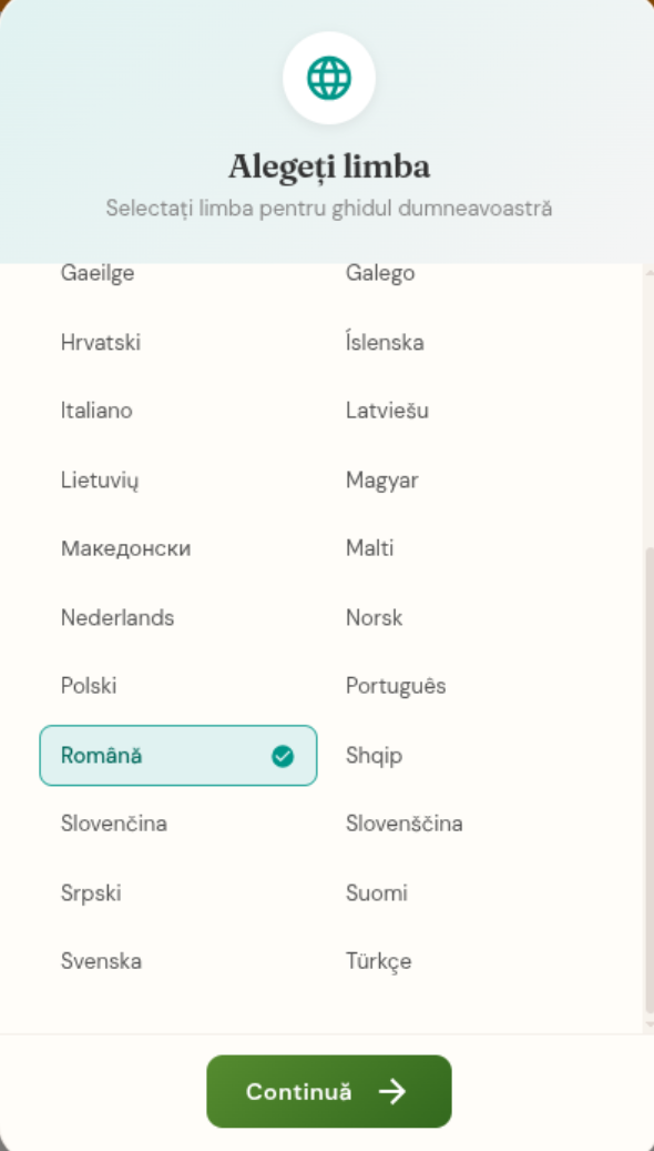 Selecție limbă cu 34 de limbi disponibile