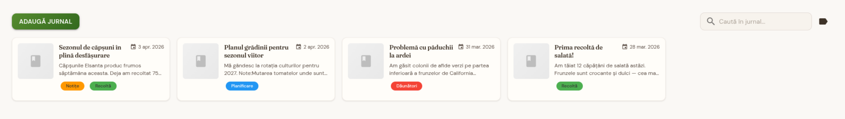 Jurnal de grădină cu intrări și etichete