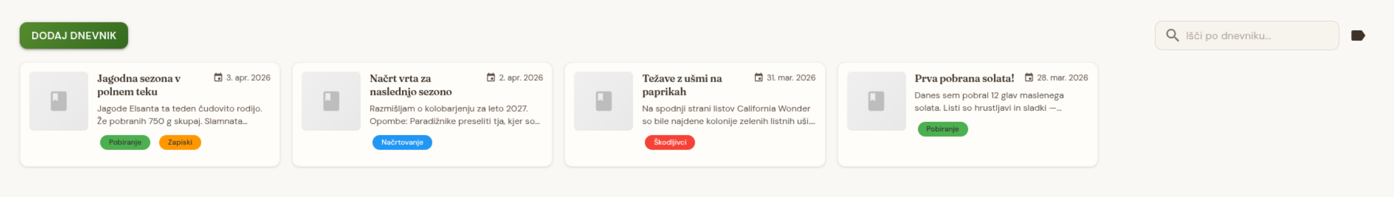Vrtni dnevnik z vnosi in oznakami