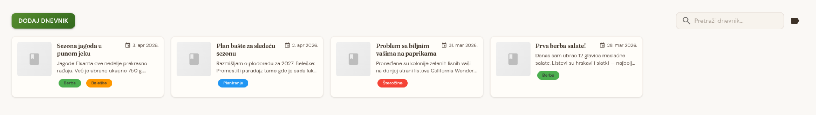 Baštovanski dnevnik sa unosima i oznakama