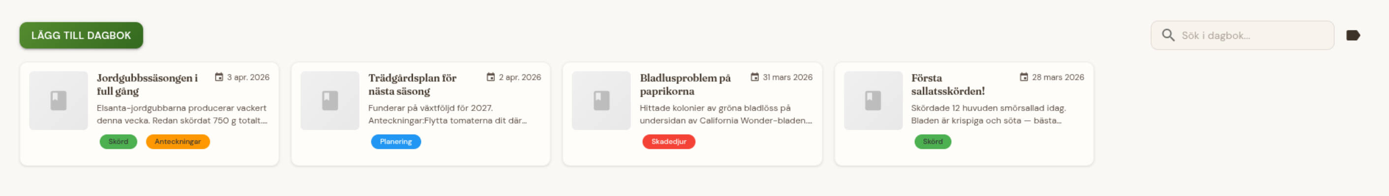 Trädgårdsdagbok med inlägg och taggar